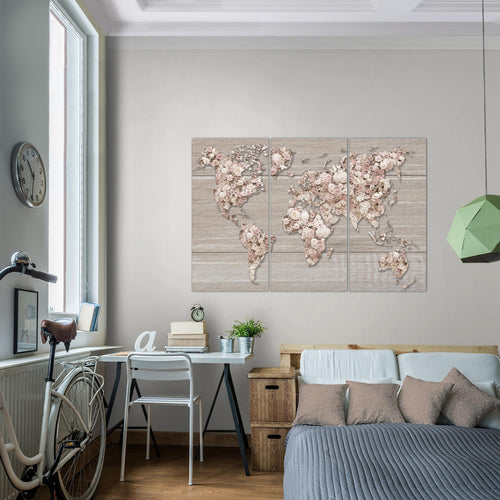Runa Art Wandbilder Weltkarte Blumen Bild XXL Wohnzimmer Schlafzimmer Beige Braun Holzwand 120 x 80 cm 3 Teilig 023231c