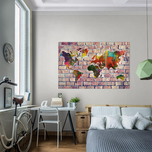Runa Art Wandbilder Weltkarte Bild XXL Büro Wohnzimmer Rot Bunt Ziegelwand 120 x 80 cm 3 Teilig 106931c