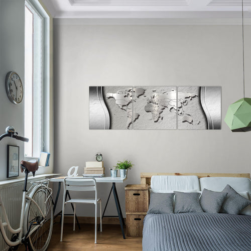Runa Art - Bilder Weltkarte 120 x 40 cm 3 Teilig Wandbild auf Vlies Leinwand Grau Mehrteilig Modern 107233c