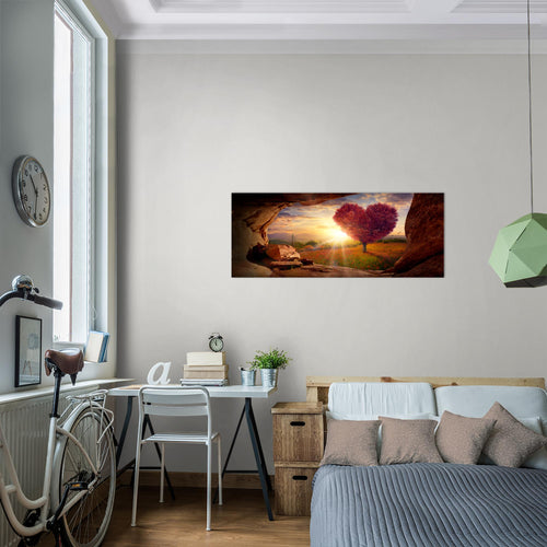 Runa Art Wandbild Natur Gebirge 1 Teilig 100 x 40 cm Modern Bild auf Vlies Leinwand Baum Herz Wohnzimmer Schlafzimmer Beige Rosa 607612c