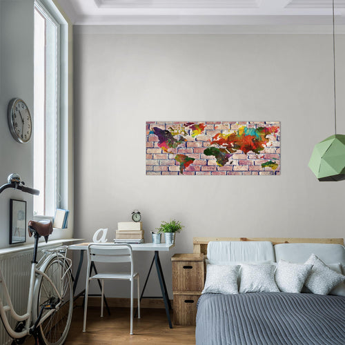 Runa Art Wandbild Weltkarte 1 Teilig 100 x 40 cm Modern Bild auf Vlies Leinwand Steinoptik Ziegel Büro Wohnzimmer Bunt 106912a