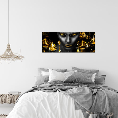 Runa Art Wandbild Frau Gesicht Lippen 100 x 40 cm Modern Bild auf Vlies Leinwand Kosmetik Fashion Wohnzimmer Schlafzimmer Grün Gold 042112b