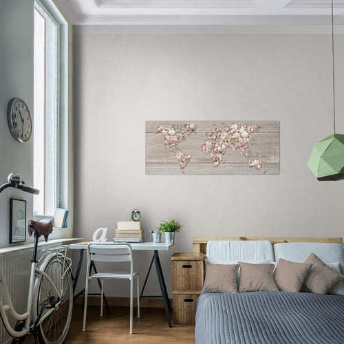 Runa Art Wandbild Weltkarte Blumen 1 Teilig 100 x 40 cm Modern Bild auf Vlies Leinwand Steinwand Wohnzimmer Grau Rosa 023212a