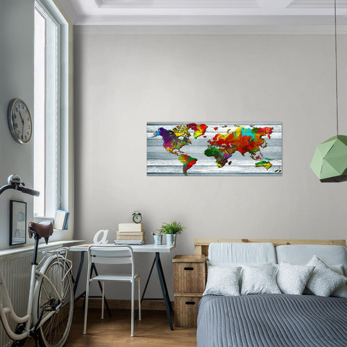 Runa Art Wandbild Weltkarte 1 Teilig 100 x 40 cm Modern Bild auf Vlies Leinwand Vintage Holz Büro Wohnzimmer Bunt 105412a