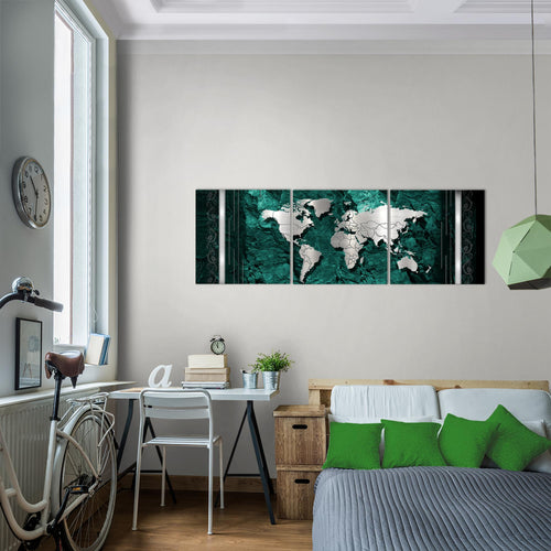 Runa Art - Bilder Weltkarte 120 x 40 cm 3 Teilig Wandbild auf Vlies Leinwand Blau Mehrteilig Modern 107333b