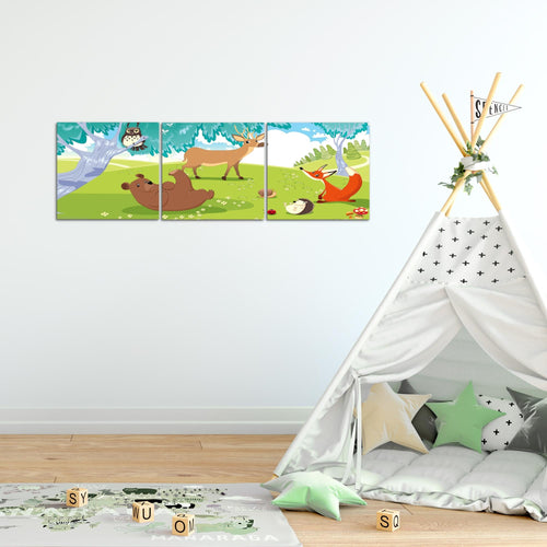 Runa Art Bilder Tiere Dschungel 3 Teilig Bild auf Vlies Leinwand Deko Spielzimmer Baby 90 x 30 cm Kinderzimmer Bunt 001834b