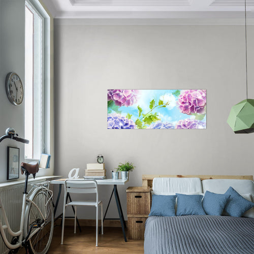 Runa Art Wandbild Blumen Hortensien 1 Teilig 100 x 40 cm Modern Bild auf Vlies Leinwand Ziegel Wohnzimmer Bunt 017512a