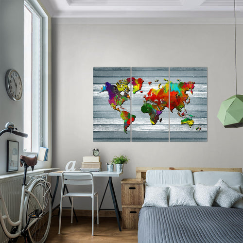 Runa Art Wandbilder Weltkarte Bild XXL Büro Wohnzimmer Bunt Vintage Holz 120 x 80 cm 3 Teilig 105431a