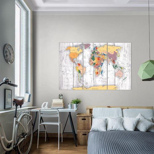 Runa Art Wandbilder Weltkarte Holz Bild XXL Büro Wohnzimmer Biege Kontinente 120 x 80 cm 3 Teilig 108731a