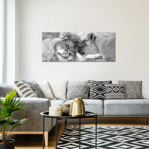 Runa Art Wandbild Löwen Liebe 1 Teilig 100 x 40 cm Modern Bild auf Vlies Leinwand Löwe und Löwin Wohnzimmer Schlafzimmer Beige 002112b