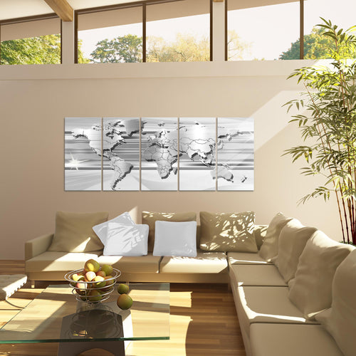 Runa Art Wandbild XXL Weltkarte Büro Wohnzimmer 200 x 80 cm Grau 5 Teilig - Made in Germany - 107955b