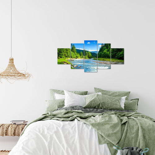 Runa Art - Bilder Wald Fluss 200 x 100 cm 5 Teilig XXL Wanddekoration Design Grün Blau Natur 049851a