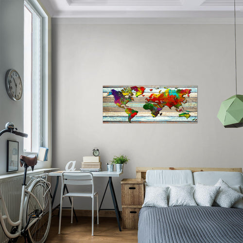 Runa Art Wandbild Weltkarte 1 Teilig 100 x 40 cm Modern Bild auf Vlies Leinwand Vintage Holz Büro Wohnzimmer Bunt 105412a