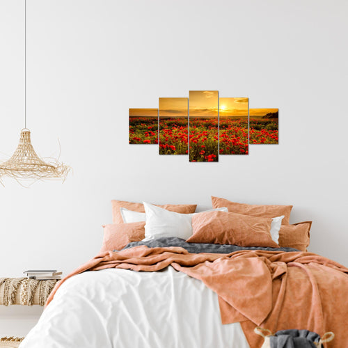 Runa Art Bild Wohnzimmer Schlafzimmer Mohnblumen 5 Teilig Blumenwiese Sonnenutergang Rot Wandbilder auf Vlies Leinwand 043953a