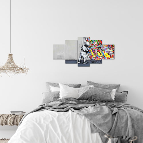 Runa Art - Bilder Junge hinter dem Vorhang 200 x 100 cm 5 Teilig XXL Wanddekoration Design Bunt 043551a