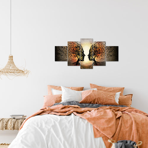 Runa Art Wandbilder Liebe Paar 5 Teilig Bild auf Vlies Leinwand Deko Wohnzimmer Schlafzimmer Bäume Schwarz Orange 041252a