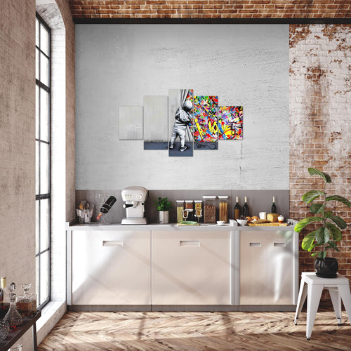 Runa Art Bild Loft Wohnzimmer Boy Behind the curtain 5 Teilig Streetart Graffiti Bunt Wandbilder auf Vlies Leinwand 043553a