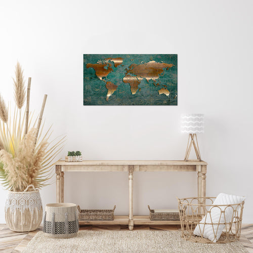Runa Art Bild Weltkarte Modern Wandbilder Wohnzimmer Büro 1 Teilig - Made In Germany - Vintage Grün Silber Flur 109015c
