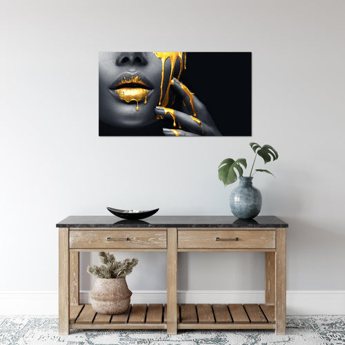 Runa Art Bild Lippen Gold Schwarz Modern Wandbilder Wohnzimmer Schlafzimmer 1 Teilig - Made In Germany - Kosmetik Fashion Frau Flur 041515a
