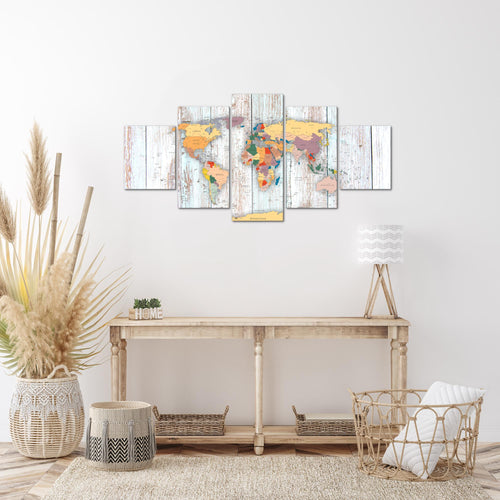 Runa Art Wandbilder Weltkarte Holz 5 Teilig Bild auf Vlies Leinwand Deko Büro Wohnzimmer Kontinente Biege 108752a