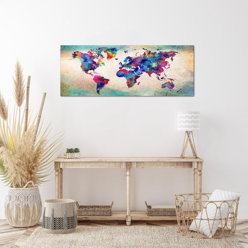 Runa Art Wandbild Weltkarte 1 Teilig 100 x 40 cm Modern Bild auf Vlies Leinwand Vintage Büro Wohnzimmer Rosa Grau 013312c
