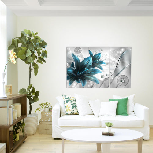 Runa Art Wandbilder Blumen Lilien Bild XXL Wohnzimmer Schlafzimmer Grau Blau Abstrakt 120 x 80 cm 3 Teilig 036831c