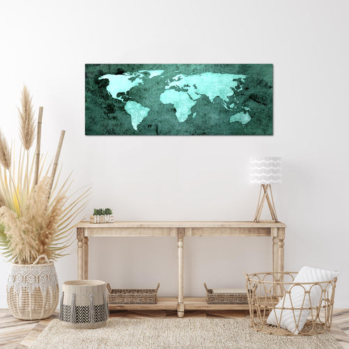 Runa Art Wandbild Weltkarte 1 Teilig 100 x 40 cm Modern Bild auf Vlies Leinwand Vintage Antik Büro Wohnzimmer Türkis 101712b