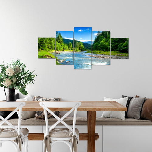 Runa Art - Bilder Wald Fluss 200 x 100 cm 5 Teilig XXL Wanddekoration Design Grün Blau Natur 049851a