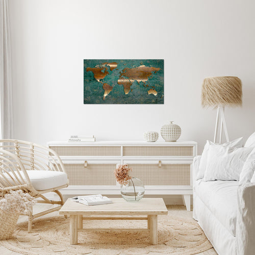 Runa Art Bild Weltkarte Modern Wandbilder Wohnzimmer Büro 1 Teilig - Made In Germany - Vintage Grün Silber Flur 109015c