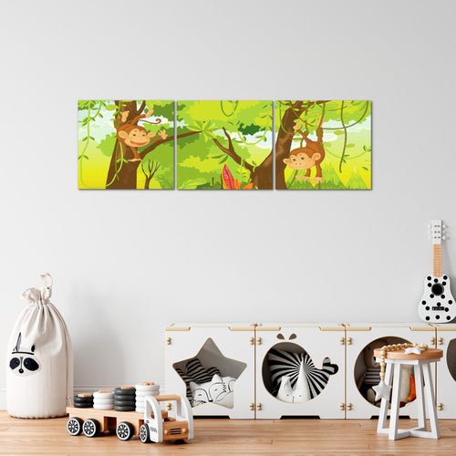 Runa Art Bilder Tiere Dschungel 3 Teilig Bild auf Vlies Leinwand Deko Spielzimmer Baby 90 x 30 cm Kinderzimmer Bunt 001834b