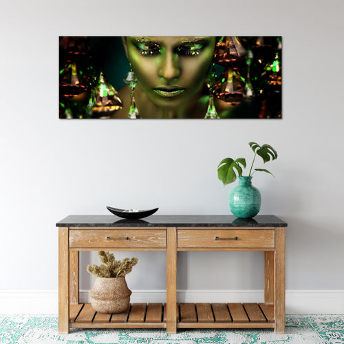 Runa Art Wandbild Frau Gesicht Lippen 100 x 40 cm Modern Bild auf Vlies Leinwand Kosmetik Fashion Wohnzimmer Schlafzimmer Schwarz Gold 042112c