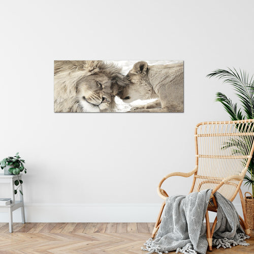 Runa Art Wandbild Löwen Liebe 1 Teilig 100 x 40 cm Modern Bild auf Vlies Leinwand Löwen Familie Wohnzimmer Schlafzimmer Schwarz Weiss 002112c