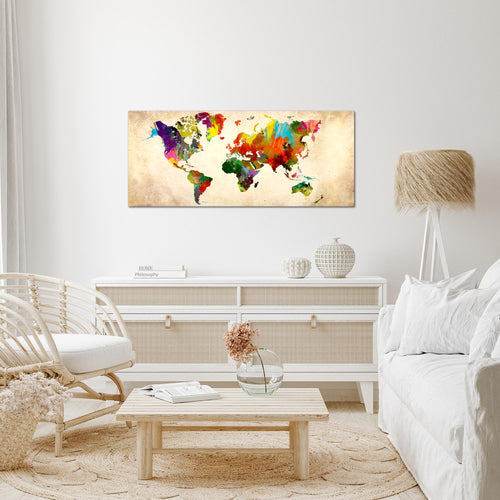 Runa Art Wandbild Weltkarte 1 Teilig 100 x 40 cm Modern Bild auf Vlies Leinwand Kontinente Landkarte Büro Wohnzimmer Bunt 105112a