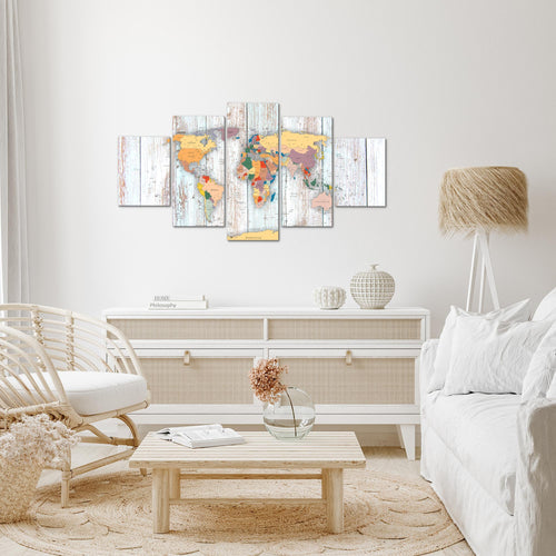 Runa Art Bild Büro Wohnzimmer Weltkarte Holz 5 Teilig Kontinente Biege Wandbilder auf Vlies Leinwand 108753a