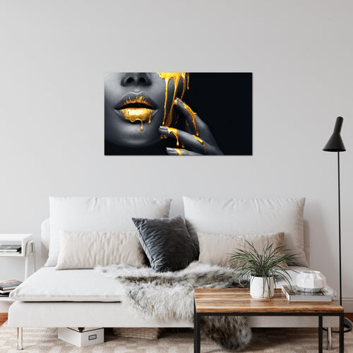 Runa Art Bild Lippen Gold Schwarz Modern Wandbilder Wohnzimmer Schlafzimmer 1 Teilig - Made In Germany - Kosmetik Fashion Frau Flur 041515a