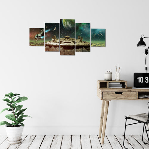 Runa Art Wandbilder Kinderzimmer Weltall Raumschiff 5 Teilig Bild auf Vlies Leinwand Deko Babyzimmer Spielzimmer Jugendzimmer Türkis Beige 611552a