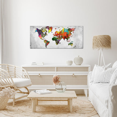 Runa Art Wandbild Weltkarte 1 Teilig 100 x 40 cm Modern Bild auf Vlies Leinwand Kontinente Landkarte Büro Wohnzimmer Bunt 105112a
