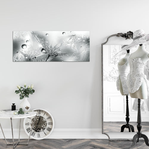 Runa Art Wandbild Blumen Pusteblumen 100 x 40 cm Modern Bild auf Vlies Leinwand Morgentau Wohnzimmer Schwarz Weiss 043112c
