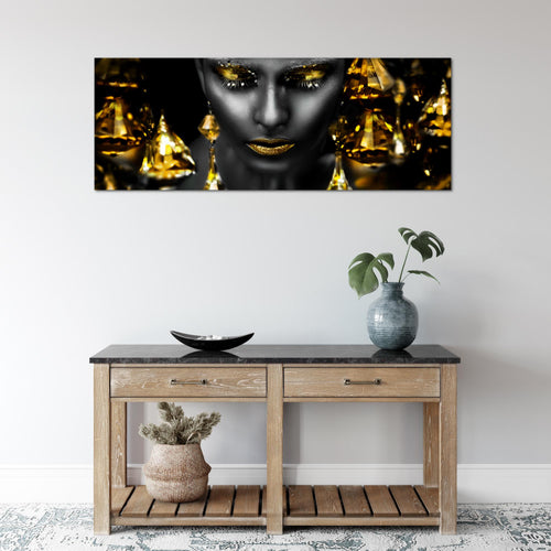 Runa Art Wandbild Frau Gesicht Lippen 100 x 40 cm Modern Bild auf Vlies Leinwand Kosmetik Fashion Wohnzimmer Schlafzimmer Grün Gold 042112b