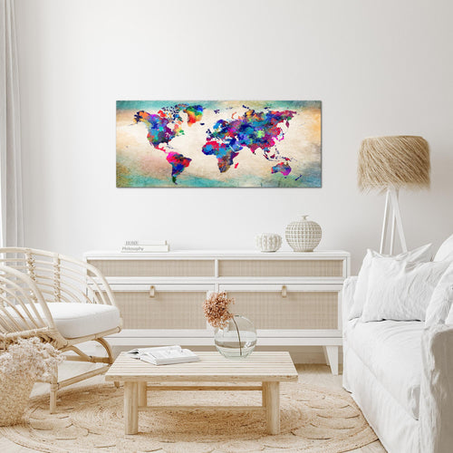 Runa Art Wandbild Weltkarte 1 Teilig 100 x 40 cm Modern Bild auf Vlies Leinwand Vintage Kontinente Büro Wohnzimmer Bunt 013312b