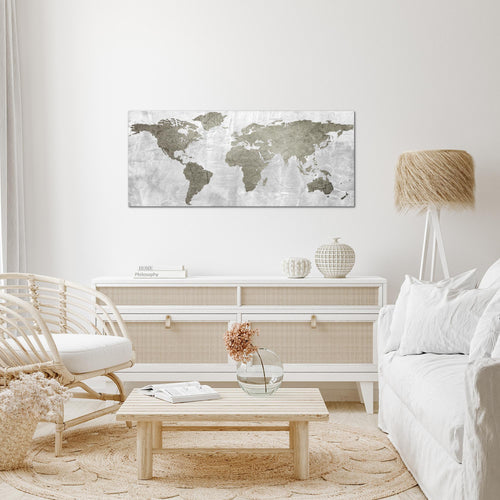 Runa Art Wandbild Weltkarte 1 Teilig 100 x 40 cm Modern Bild auf Vlies Leinwand Landkarte Beton Büro Wohnzimmer Grau 104312c