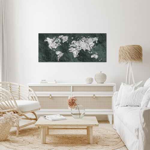 Runa Art Wandbild Weltkarte 1 Teilig 100 x 40 cm Modern Bild auf Vlies Leinwand Kontinente Büro Wohnzimmer Schwarz Weiss 002912a