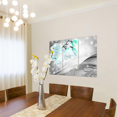Runa Art Wandbilder Blumen Abstrakt Bild XXL Wohnzimmer Schlafzimmer Grau Türkis Diamant 120 x 80 cm 3 Teilig 035331c