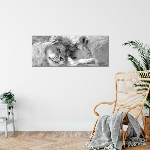 Runa Art Wandbild Löwen Liebe 1 Teilig 100 x 40 cm Modern Bild auf Vlies Leinwand Löwen Familie Wohnzimmer Schlafzimmer Schwarz Weiss 002112c