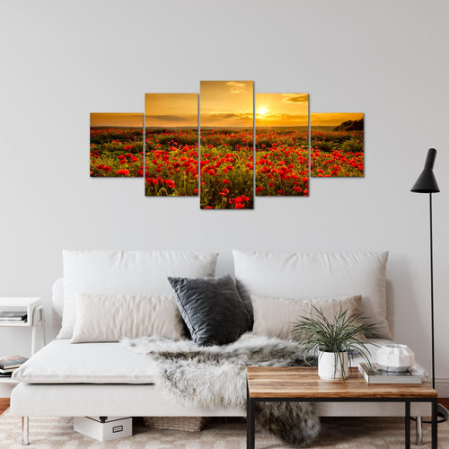 Runa Art Wandbilder Mohnblumen 5 Teilig Bild auf Vlies Leinwand Deko Wohnzimmer Schlafzimmer Blumenwiese Sonnenutergang Rot 043952a