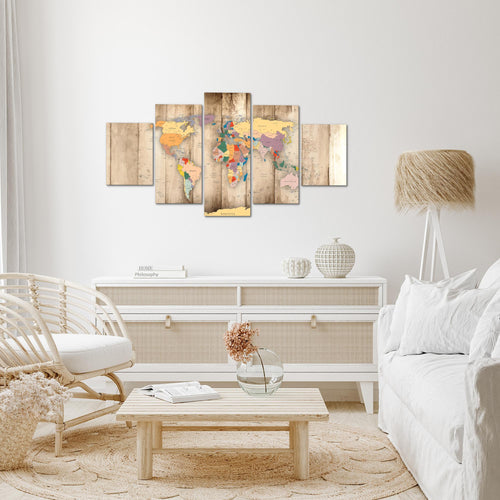 Runa Art Wandbilder Weltkarte Holz 5 Teilig Bild auf Vlies Leinwand Deko Büro Wohnzimmer Kontinente Weiss 108752c