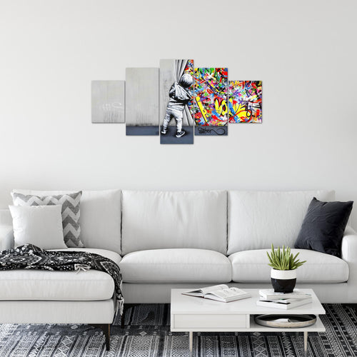 Runa Art Wandbilder Boy Behind the curtain 5 Teilig Bild auf Vlies Leinwand Deko Loft Wohnzimmer Streetart Graffiti Bunt 043552a