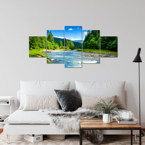 Runa Art Wandbilder Wald Fluss 5 Teilig Bild auf Vlies Leinwand Deko Wohnzimmer Schlafzimmer Natur Grün Blau 049852a