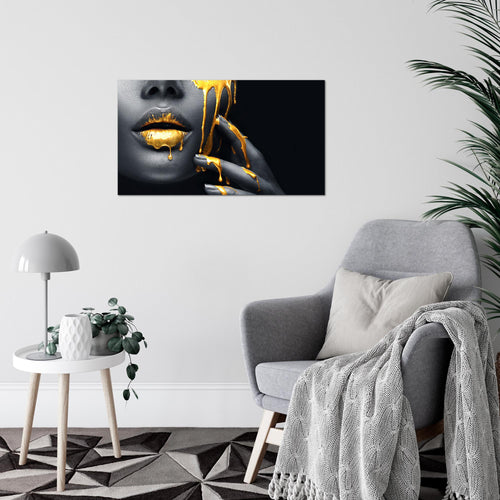 Runa Art Bild Lippen Gold Schwarz Modern Wandbilder Wohnzimmer Schlafzimmer 1 Teilig - Made In Germany - Kosmetik Fashion Frau Flur 041515a