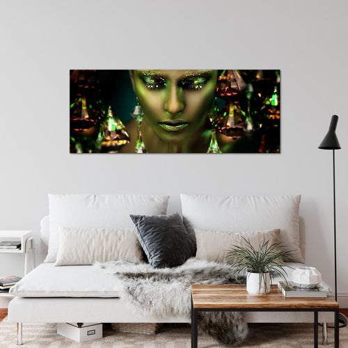 Runa Art Wandbild Frau Gesicht Lippen 100 x 40 cm Modern Bild auf Vlies Leinwand Kosmetik Fashion Wohnzimmer Schlafzimmer Grün Gold 042112b